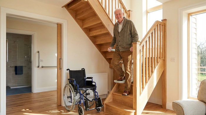 Ein älterer Herr fährt lächelnd mit einem modernen Treppenlift eine Holztreppe in einem gepflegten Einfamilienhaus hinauf. Unten am Fuß der Treppe steht ein zusammengeklappter Rollstuhl. Helle, sichere und barrierefreie Wohnumgebung.