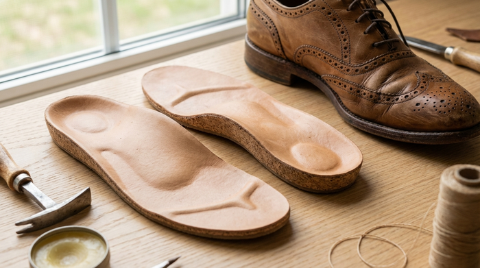 Eine Nahaufnahme von hochwertigen, maßgefertigten orthopädischen Einlagen aus Kork und weichem Schaumstoff, die auf einem hellen Holztisch neben einem bequemen Lederschuh liegen.