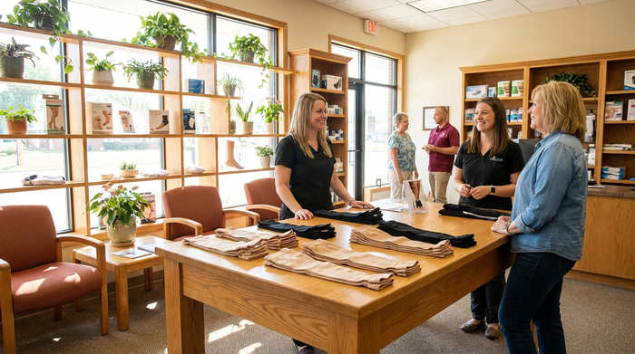Ein Sanitätshaus mit freundlicher Atmosphäre. Auf einem Tisch liegen ordentlich gefaltete, hautfarbene und schwarze medizinische Kompressionsstrümpfe aus hochwertigem, elastischem Gewebe.