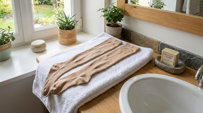 Ein gepflegtes Badezimmer. Medizinische Kompressionsstrümpfe liegen flach zum schonenden Trocknen auf einem frischen, weißen Frotteehandtuch neben einer milden Seife.