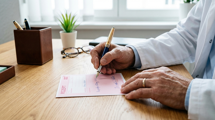 Ein detailliertes Close-up der Hände eines Arztes in einem weißen Kittel, der mit einem edlen Kugelschreiber ein rosafarbenes Rezeptformular auf einem aufgeräumten Holzschreibtisch ausfüllt. Helle, professionelle Praxisumgebung.