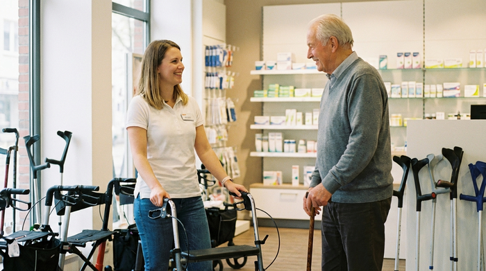 Eine sympathische Sanitätshaus-Mitarbeiterin berät einen älteren Herrn freundlich über verschiedene Gehhilfen. Im Hintergrund sind unscharf saubere Regale mit Gesundheitsprodukten zu erkennen.