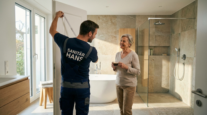 Ein freundlicher, professioneller Techniker in Arbeitskleidung misst mit einem Zollstock aufmerksam den Türrahmen in einem modernen, hellen Badezimmer aus. Eine ältere Dame schaut ihm lächelnd und zufrieden zu.