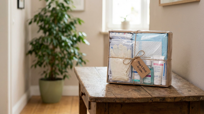 Ein sauber verpacktes Paket mit Pflegehilfsmitteln wie Handschuhen und weichen Bettschutzeinlagen steht auf einem rustikalen Holztisch im Flur eines gemütlichen Hauses. Im Hintergrund unscharf eine grüne Zimmerpflanze.