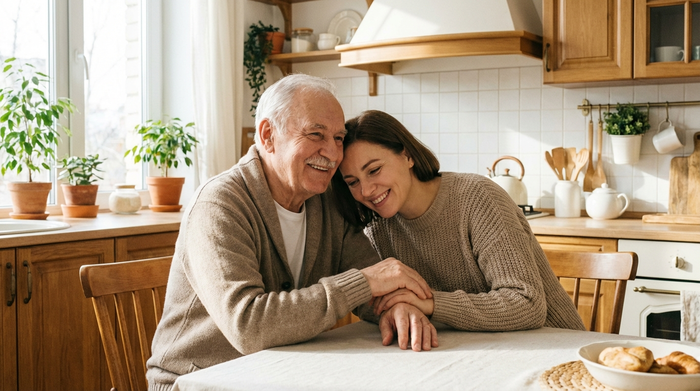 Ein älterer Herr sitzt entspannt am Küchentisch und hält lächelnd die Hand seiner Tochter, die ihm fürsorglich Gesellschaft leistet. Helles Tageslicht, aufgeräumte Küche, harmonische Stimmung ohne sichtbaren Text.