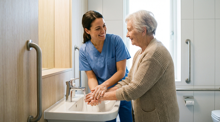 Eine professionelle Pflegekraft wäscht behutsam die Hände einer Seniorin an einem modernen, barrierefreien Waschbecken im Badezimmer. Saubere, helle Umgebung, starker Fokus auf Empathie und Fürsorge.