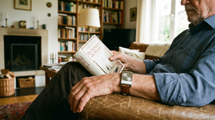 Ein moderner, unauffälliger Hausnotruf-Knopf am Handgelenk eines Senioren, der entspannt in einem Sessel sitzt und ein Buch liest. Fokus auf das Handgelenk und das Gerät, gemütliche Wohnzimmeratmosphäre im Hintergrund.