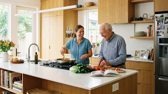 Eine engagierte 24-Stunden-Betreuungskraft und ein älterer Herr kochen gemeinsam frisches Gemüse in einer modernen, gut beleuchteten Küche. Beide lachen, aktives und fröhliches Miteinander in vertrauter Umgebung.
