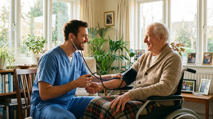 Ein professioneller Krankenpfleger misst den Blutdruck eines älteren Herrn im Rollstuhl in einem hellen Wohnzimmer. Der Pfleger lächelt freundlich. Warme, vertrauensvolle Atmosphäre, realistische Szene ohne Text.