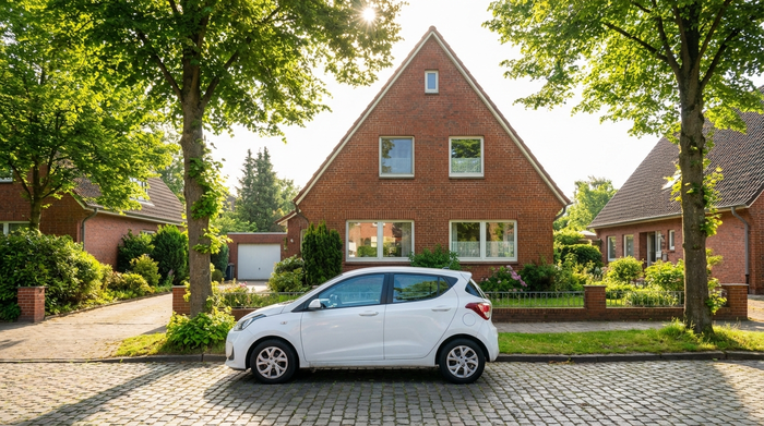Ein weißes Pflegeauto parkt vor einem typischen norddeutschen Klinkerhaus in einer ruhigen Wohnstraße in Oldenburg an einem sonnigen Morgen. Grüne Bäume säumen die Straße. Keine erkennbaren Nummernschilder oder Logos.