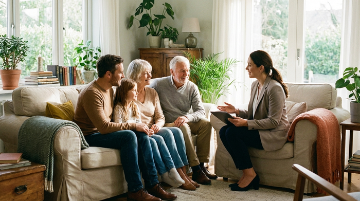 Eine Familie sitzt mit einer kompetent wirkenden Pflegeberaterin auf einem gemütlichen Sofa. Die Beraterin hält ein neutrales Tablet in der Hand und erklärt entspannt die nächsten Schritte. Helles, freundliches Wohnzimmer.