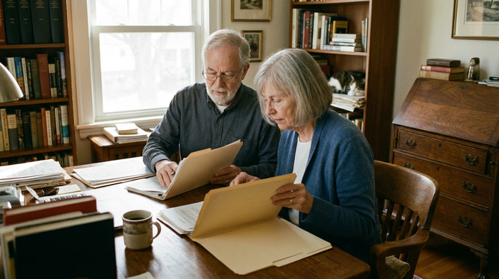 Ein älteres Ehepaar sitzt am Schreibtisch und sortiert übersichtlich Dokumente in Mappen. Eine Kaffeetasse steht daneben. Ruhige, konzentrierte Stimmung im häuslichen Arbeitszimmer, keine lesbaren Texte auf den Papieren.