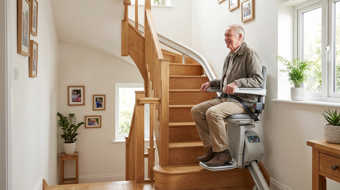 Ein moderner, sicherer Treppenlift ist an einer Holztreppe in einem gepflegten Einfamilienhaus installiert. Ein älterer Herr fährt entspannt und sicher nach oben. Helle Beleuchtung, sauberes Umfeld.