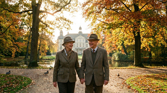 Ein älteres Ehepaar spaziert entspannt durch den herbstlichen Oldenburger Schlossgarten. Viel Grün, warme Sonnenstrahlen, friedliche Stimmung.