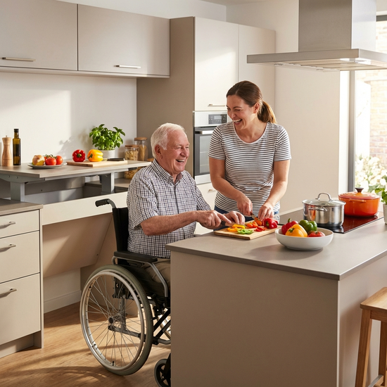Eine engagierte Betreuungskraft kocht gemeinsam mit einem lachenden Senior in einer modernen, barrierefreien Küche frisches Gemüse.
