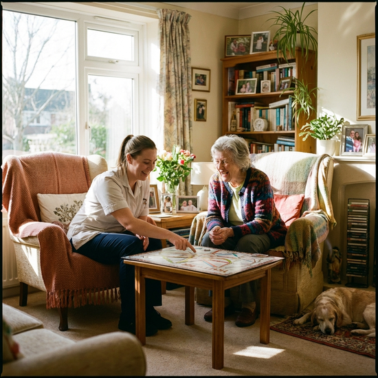 Eine Pflegekraft und eine ältere Frau spielen vergnügt ein Brettspiel im hellen Wohnzimmer, umgeben von gemütlichen Möbeln.