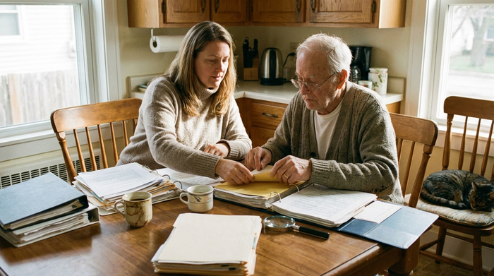 Eine erwachsene Tochter sitzt mit ihrem älteren Vater am Küchentisch und sortiert ordentlich Unterlagen und Dokumente in Mappen. Fokussierte, ruhige Atmosphäre.