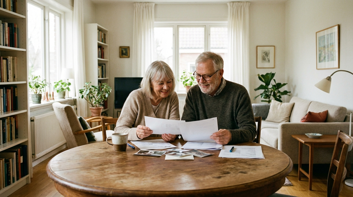 Ein älteres Ehepaar sitzt an einem runden Holztisch in einem hellen Wohnzimmer. Sie betrachten gemeinsam aufmerksam einige Dokumente. Eine Kaffeetasse steht auf dem Tisch. Gemütliche, aufgeräumte Umgebung, weiches Tageslicht, realistische Szene.