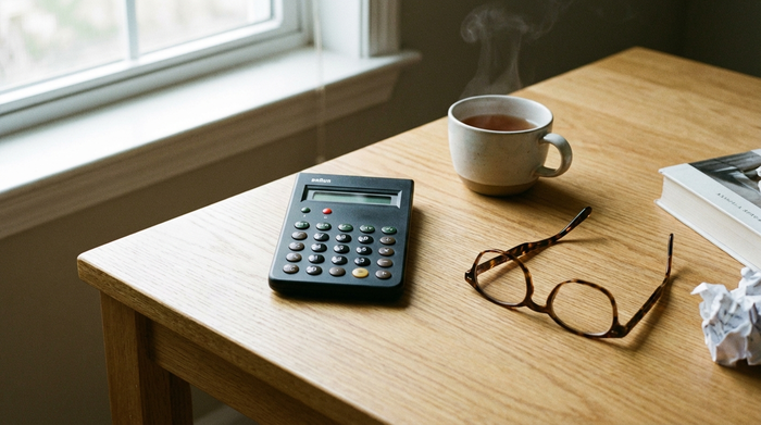 Ein klassischer Taschenrechner liegt neben einer eleganten Lesebrille und einer Tasse Tee auf einem hellen Eichenholztisch. Sanftes Tageslicht fällt durch ein nahes Fenster. Ruhige, fokussierte Stimmung, realistische Fotografie.