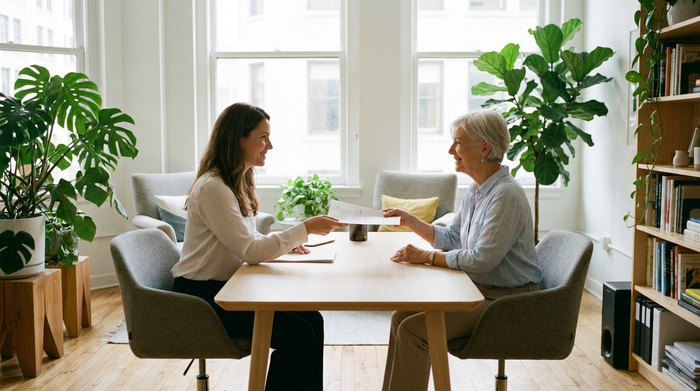 Eine freundliche, professionelle Beraterin in einem hellen, modernen Büro reicht einer lächelnden Seniorin ein Dokument über den Schreibtisch. Vertrauensvolle Atmosphäre, gepflegtes Interieur mit Zimmerpflanzen, realistische Fotografie.