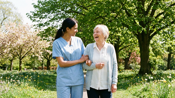 Eine fürsorgliche Pflegekraft in hellblauer Berufskleidung stützt eine lachende ältere Dame bei einem Spaziergang in einem sonnigen Park. Frühlingshaftes Wetter, große grüne Bäume, herzliche und vertraute Interaktion, realistische Fotografie.