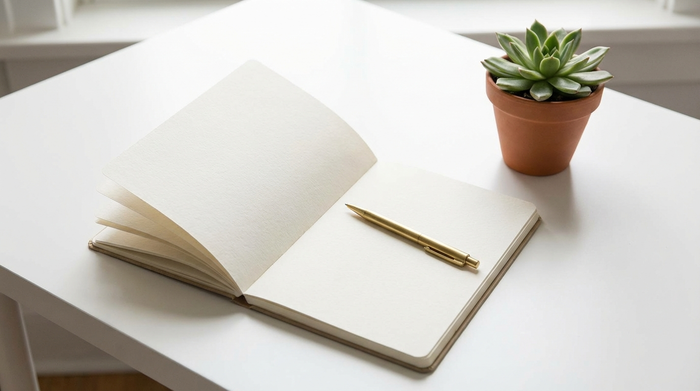 Ein aufgeschlagenes, unbeschriebenes Notizbuch mit einem eleganten Kugelschreiber auf einem aufgeräumten, weißen Schreibtisch. Daneben steht eine kleine, grüne Sukkulente im Topf. Klares und minimalistisches Setting, helles Licht.