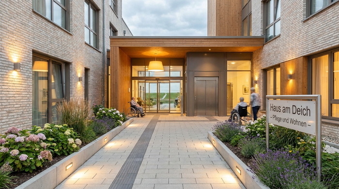 Ein moderner, barrierefreier Eingangsbereich einer Pflegeeinrichtung in Norddeutschland. Helle Backsteinfassade, freundliche Beleuchtung und ein rollstuhlgerechter Weg, gesäumt von gepflegten Blumenbeeten.
