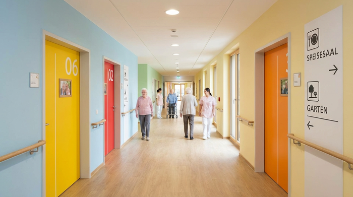 Ein speziell für Demenzkranke gestalteter Flur in einem Pflegeheim. Die Wände sind in beruhigenden, warmen Pastellfarben gestrichen. Die Türen zu den Zimmern haben kräftige, gut sichtbare Farben wie Gelb oder Rot. Der Boden ist hell, matt und durchgehend ohne Muster.