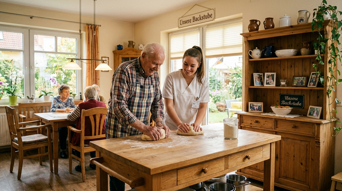Eine gemütliche Wohnküche in einem Pflegeheim. Ein älterer Herr mit Schürze knetet gemeinsam mit einer jungen Pflegekraft Teig. Beide wirken konzentriert und zufrieden. Warme, wohnliche Atmosphäre mit Holzmöbeln.