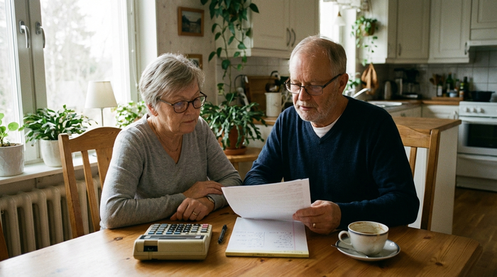 Ein älteres Ehepaar sitzt gemeinsam am Esstisch und schaut sich konzentriert, aber gefasst Unterlagen an. Vor ihnen liegen ein Taschenrechner und ein Notizblock. Eine Tasse Kaffee steht daneben, weiches Tageslicht fällt durch das Fenster.
