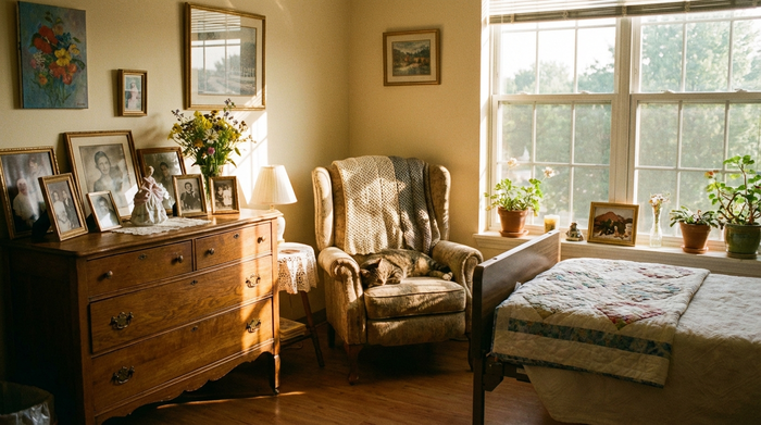 Ein liebevoll eingerichtetes Bewohnerzimmer in einem Pflegeheim. Ein gemütlicher Ohrensessel steht neben dem Bett, auf einer Kommode sind alte gerahmte Familienfotos aufgestellt. Durch das Fenster scheint die Nachmittagssonne.
