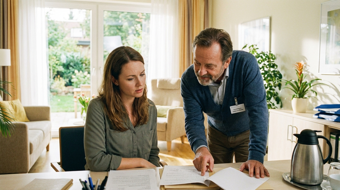 Ein empathischer Sozialarbeiter im Gespräch mit einer besorgten Tochter in einem hellen Krankenhausbüro. Beide schauen gemeinsam auf Dokumente, professionelle und unterstützende Stimmung.