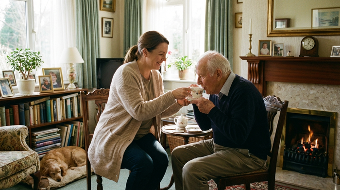Eine freundliche Pflegekraft unterstützt einen älteren Herrn liebevoll beim Teetrinken in seinem gemütlichen, heimischen Wohnzimmer. Vertrauensvolle und herzliche Atmosphäre im eigenen Zuhause.