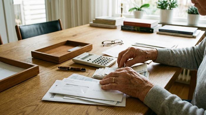 Nahaufnahme von Händen einer älteren Person, die sorgfältig Dokumente und einen Taschenrechner auf einem massiven Holztisch ordnet. Ordentliche, aufgeräumte Umgebung mit weichem Licht.