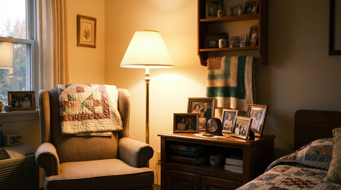 Ein liebevoll eingerichtetes Zimmer im Pflegeheim mit persönlichen Erinnerungsstücken, Familienfotos auf dem Nachttisch und einer gemütlichen Stehlampe. Einladend, wohnlich und warm beleuchtet.