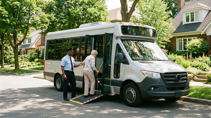 Ein geräumiger, barrierefreier Kleinbus steht an einer gepflegten Straße in einem Wohngebiet. Ein freundlicher Fahrer reicht einer älteren Dame hilfsbereit die Hand beim Einsteigen. Sonniges Wetter, grüne Bäume im Hintergrund. Realistisch, hell, keine Schriftzüge.