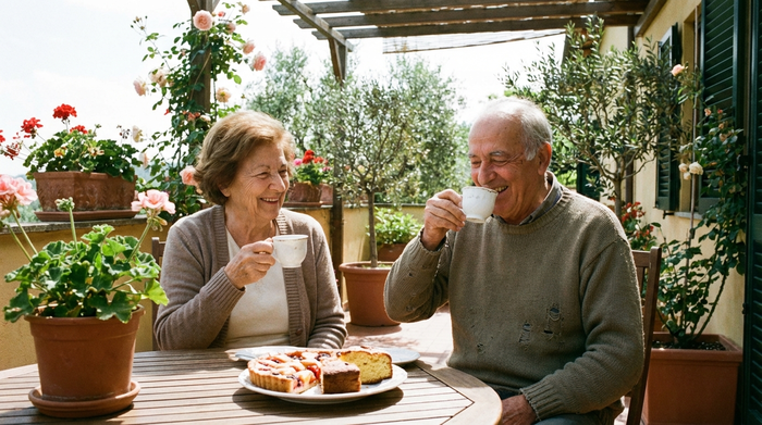 Eine ältere Dame und ein Herr sitzen gemütlich auf einer sonnigen Terrasse und trinken Kaffee aus weißen Porzellantassen. Vor ihnen steht ein Teller mit frischem Kuchen. Entspannte Stimmung, umgeben von Pflanzen. Realistische Fotografie, hohe Qualität.