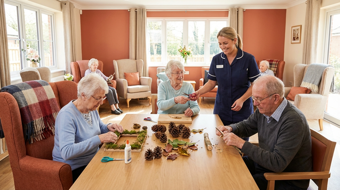 Ein heller Gemeinschaftsraum mit bequemen Sesseln und einem großen Tisch. Mehrere Senioren basteln gemeinsam mit Naturmaterialien. Eine engagierte Betreuerin steht lächelnd daneben und reicht Werkzeuge an. Warme Farben, sauberes Umfeld, realistisch.