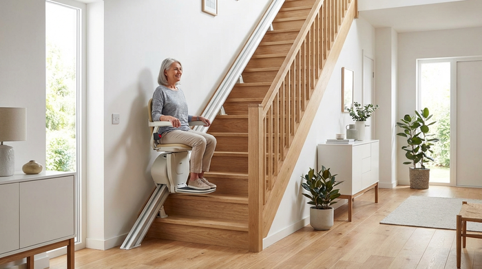 Eine saubere, moderne Holztreppe in einem hellen Einfamilienhaus. Ein eleganter, unauffälliger Treppenlift ist an der Wand montiert. Eine ältere Frau sitzt entspannt und sicher auf dem Sitz des Lifts und fährt nach oben. Realistisch, aufgeräumtes Wohnumfeld.