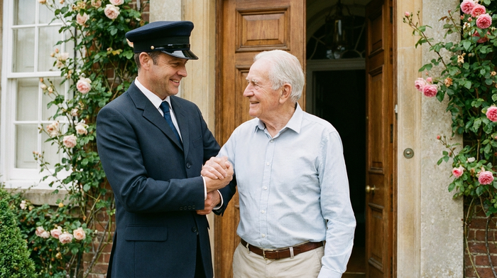 Ein freundlicher Fahrer in gepflegter Dienstkleidung reicht einem älteren Herrn am Arm gestützt die Hand vor einer schönen Haustür. Vertrauensvolle und sichere Atmosphäre im Tageslicht.