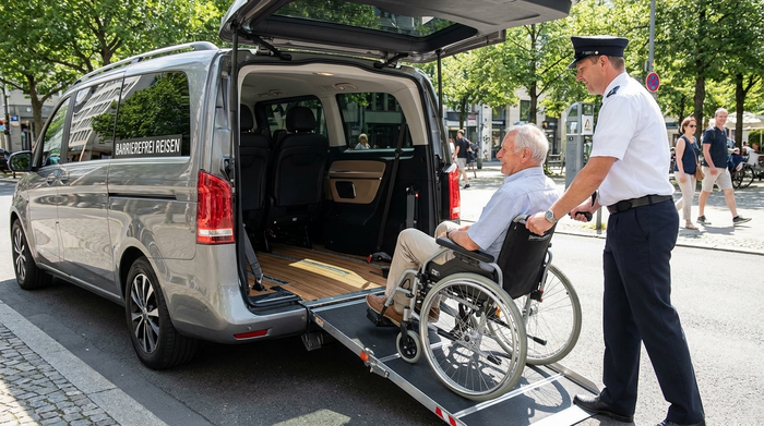 Ein moderner, geräumiger Kleinbus mit ausgefahrener Rampe am Heck. Ein Fahrer schiebt einen älteren Mann im Rollstuhl sicher und komfortabel in das Fahrzeug.