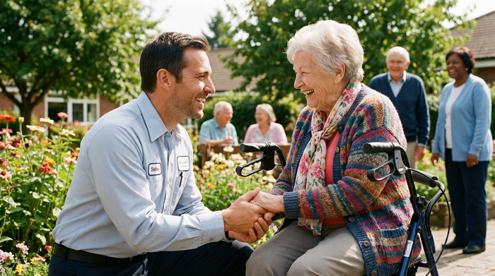 Ein professioneller Fahrer unterhält sich auf Augenhöhe mit einer fröhlichen Seniorin, die auf ihrem Rollator sitzt. Empathische und respektvolle Szene in einem hellen, freundlichen Umfeld.