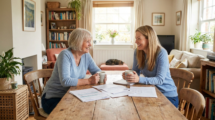 Eine ältere Frau und ihre Tochter sitzen entspannt an einem Holztisch bei einer Tasse Kaffee und besprechen lächelnd Dokumente. Positive, entlastende Stimmung im heimischen Wohnzimmer.