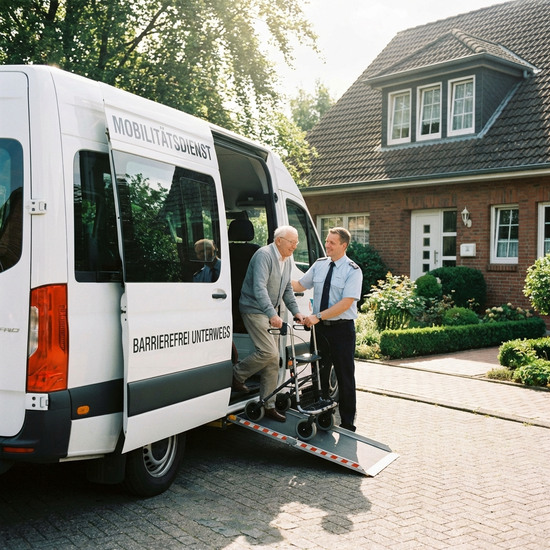 Ein barrierefreier weißer Kleinbus steht vor einem gepflegten Einfamilienhaus. Ein freundlicher Fahrer hilft einem lächelnden Senior mit Rollator behutsam beim Einstieg in das Fahrzeug. Realistische, alltägliche Szene bei sonnigem Wetter.