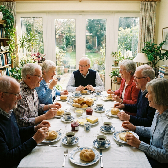 Eine Gruppe von Senioren sitzt an einem liebevoll gedeckten Tisch in einem hellen Raum. Sie frühstücken gemeinsam, essen frische Brötchen und trinken Kaffee. Die Stimmung ist heiter und sehr entspannt.