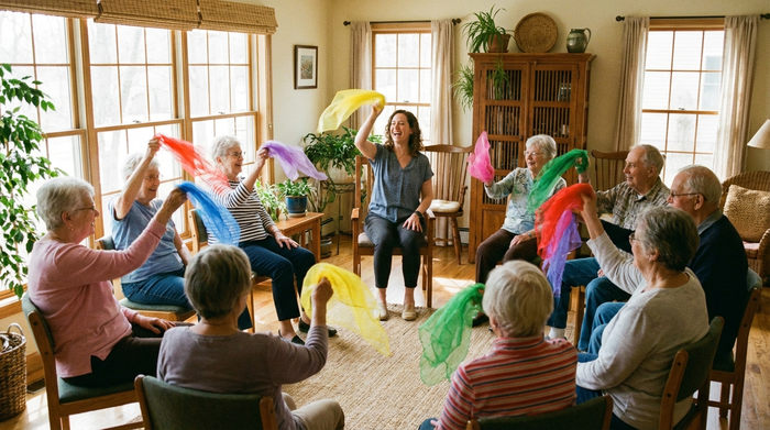 Senioren sitzen im Kreis in einem gemütlichen, lichtdurchfluteten Raum und machen leichte Sitzgymnastik mit bunten Tüchern. Eine motivierte Therapeutin leitet die fröhliche Gruppe an.