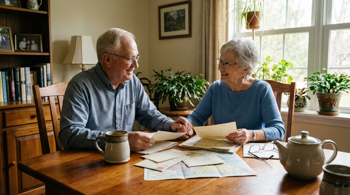 Ein älteres Ehepaar sitzt gemeinsam am heimischen Esstisch und betrachtet entspannt einige Dokumente. Eine Kaffeetasse steht daneben, die Atmosphäre ist beruhigend, harmonisch und völlig sorgenfrei.