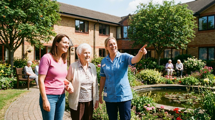 Eine erwachsene Tochter begleitet ihre ältere Mutter bei einem Rundgang durch eine freundliche Pflegeeinrichtung. Eine sympathische Pflegekraft zeigt ihnen den sonnigen, grünen Garten der Anlage.