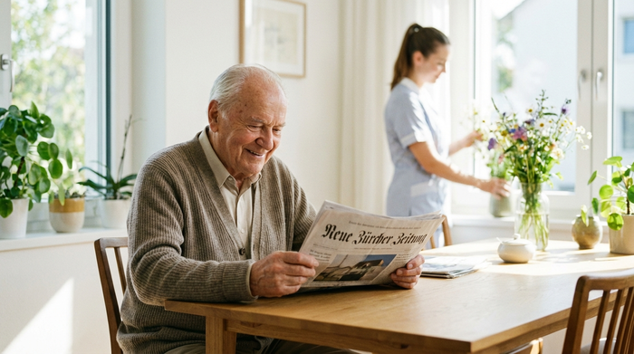 Ein älterer Herr sitzt entspannt an einem aufgeräumten Esstisch und liest eine Zeitung, während im Hintergrund eine verschwommene, junge Haushaltshilfe frische Blumen in eine Vase stellt. Helle, freundliche Raumatmosphäre.