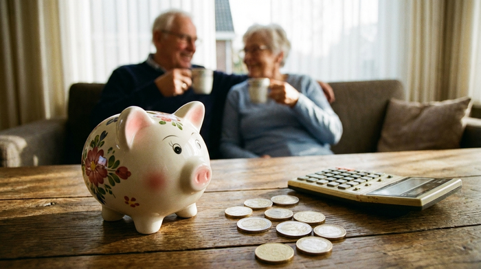 Ein Sparschwein auf einem Holztisch, daneben liegen ein paar Euro-Münzen und ein Taschenrechner. Im Hintergrund sitzt ein älteres Ehepaar, das entspannt zusammen Kaffee trinkt.